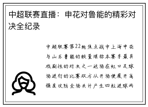 中超联赛直播：申花对鲁能的精彩对决全纪录