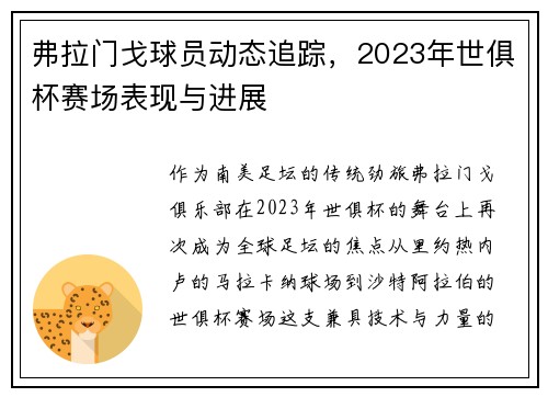 弗拉门戈球员动态追踪，2023年世俱杯赛场表现与进展