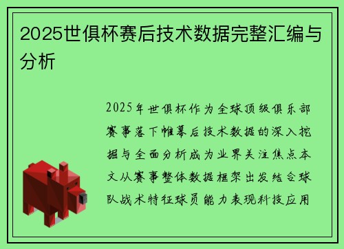 2025世俱杯赛后技术数据完整汇编与分析
